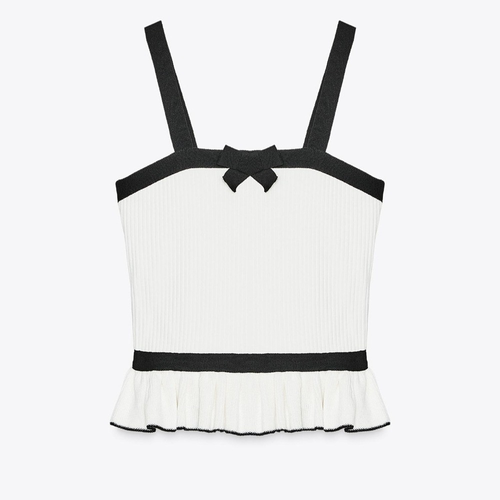 Zara Women White Ribbed Knit Peplum Camisole Top Black Bow Trim Medium 4770/117 - Picture 1 of 10